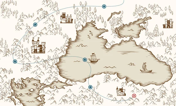 Cartographie médiévale, vieille carte au trésor pirate, illustration vectorielle — Image vectorielle