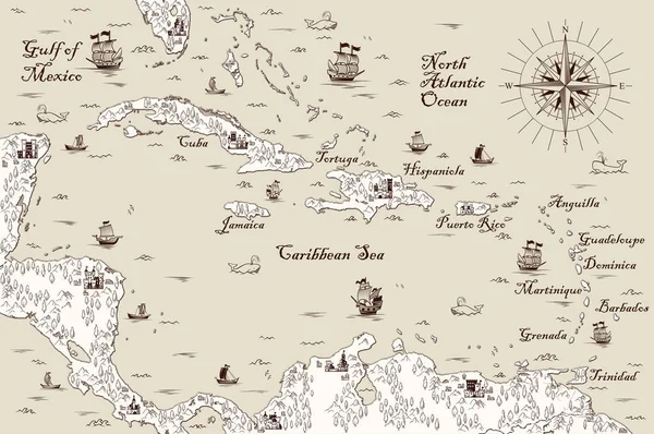Oude kaart van de Caribische zee, vectorillustratie — Stockvector
