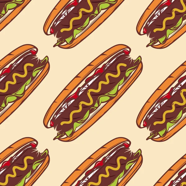 Kleurrijke naadloze patroon met hotdog, vector achtergrond voor fast food — Stockvector