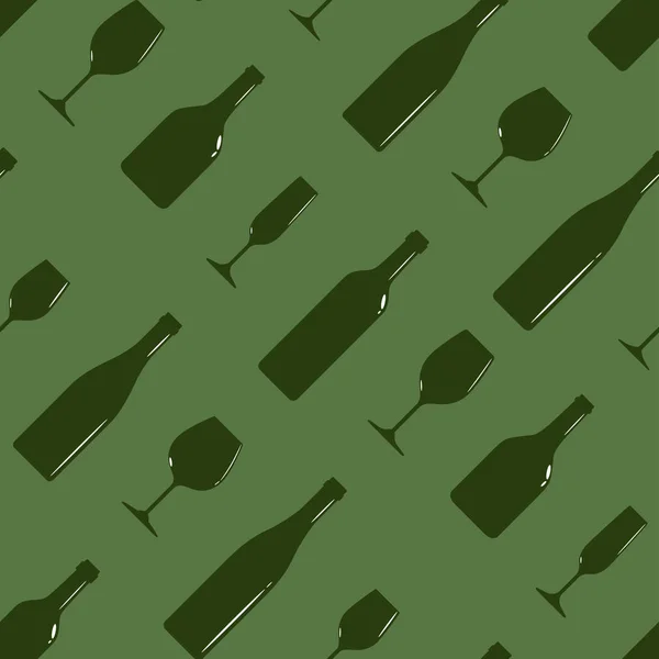 Patrón sin costura vectorial con botellas de vino y vino sobre fondo verde — Vector de stock