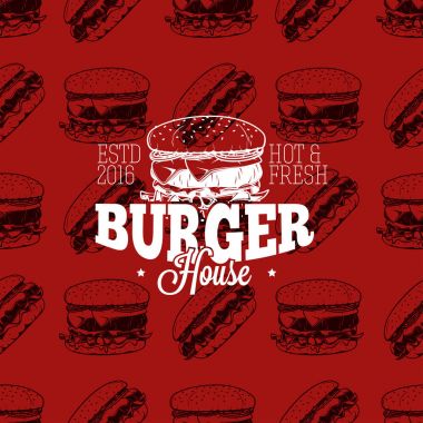 Burger Ev logosuna seamless modeli lokanta, vektör çizim