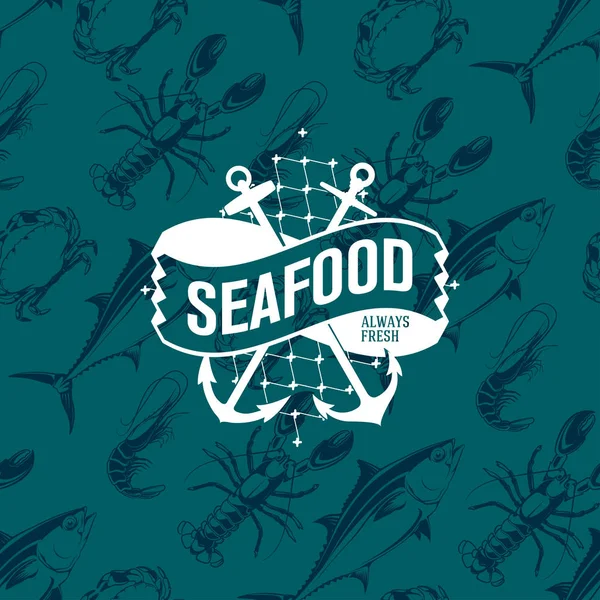 Logo fruits de mer sur motif sans couture avec thon, crevettes, crabe et homard, illustration vectorielle — Image vectorielle