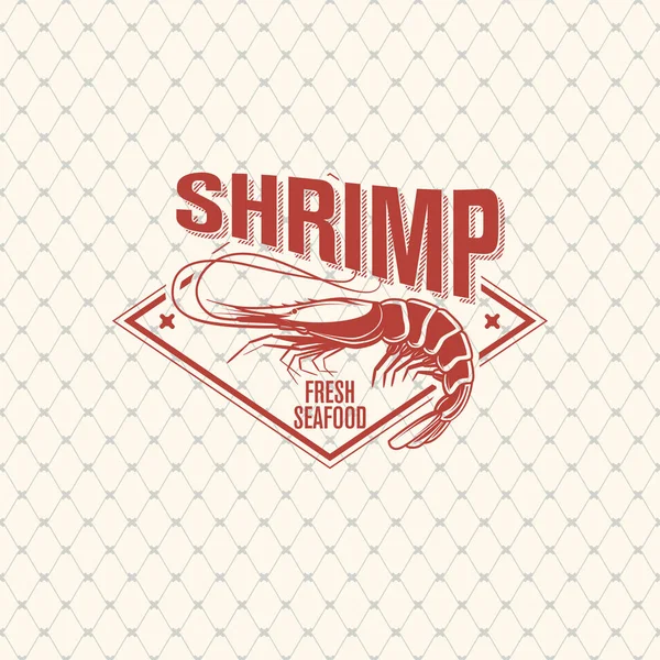 Logo crevettes sur motif sans couture avec filet de pêche, illustration vectorielle — Image vectorielle