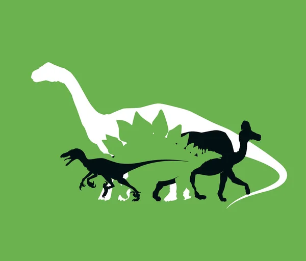 Silueta de dinosaurios del período Jurásico, capas superpuestas, ilustración vectorial — Vector de stock