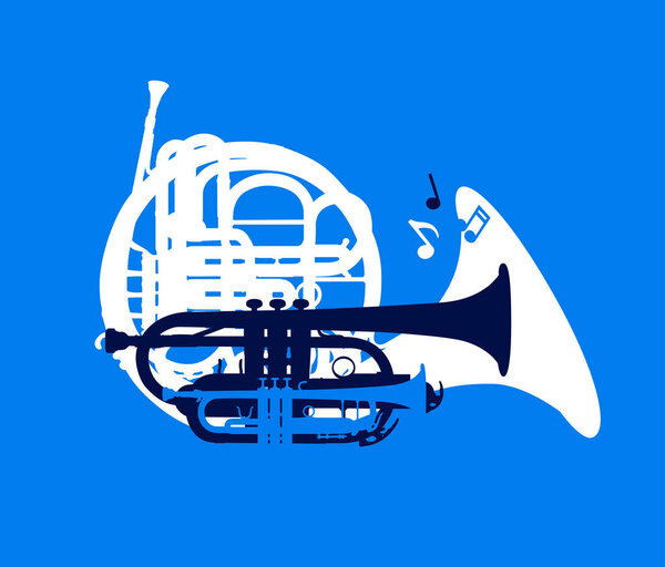 Силуэт музыкальных духовых инструментов, джазовая карточка фестиваля, векторная иллюстрация
