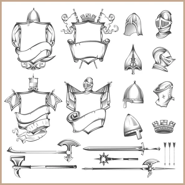 Collection Vector Heraldic Elements Helmets Medieval Weapons — Stock Vector