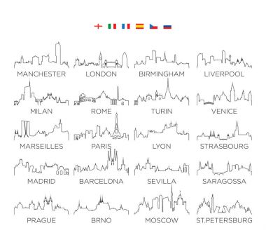 Europe manzarası şehir çizgi sanatı, illüstrasyon tasarım vektör, 2 set