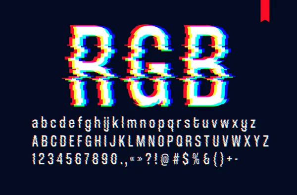 Moderne stijl vervormde glitch lettertype, mengen van rood groen en blauw — Stockvector