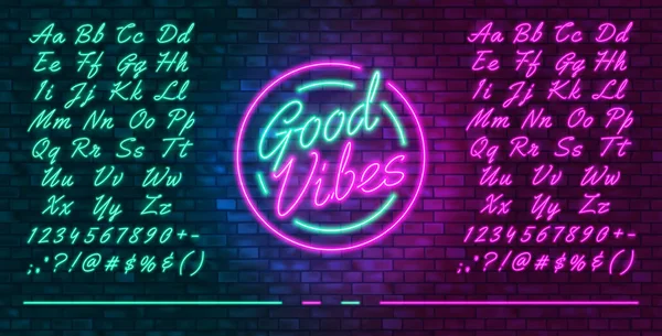 Neon futuristic font, luminous blue and pink uppercase and lower — Stock Vector