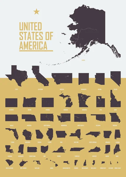 Detaylı Usa devletlerine sahip poster, bölgenin büyüklüğüne göre, iç kısımlara göre — Stok Vektör