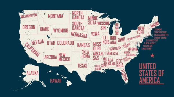 Mapa dos Estados Unidos da América, com fronteiras e nome do estado —  Vetores de Stock