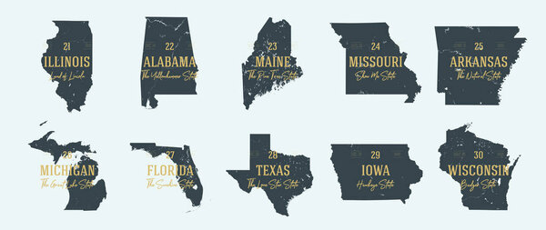 Set 3 of 5 Highly detailed vector silhouettes of USA state maps 
