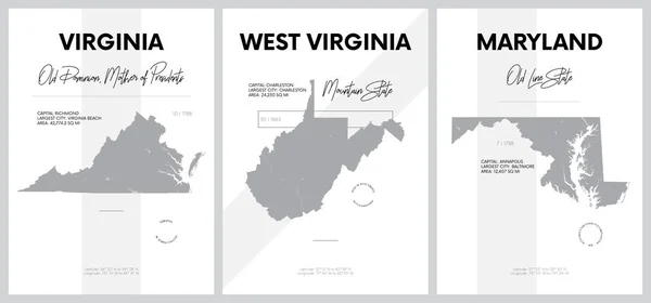 Carteles vectoriales con siluetas muy detalladas de mapas de las s — Vector de stock