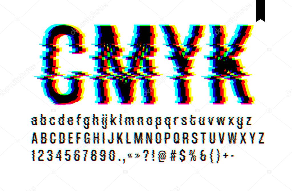 Modern style distorted glitch typeface, mixing blue pink and yel