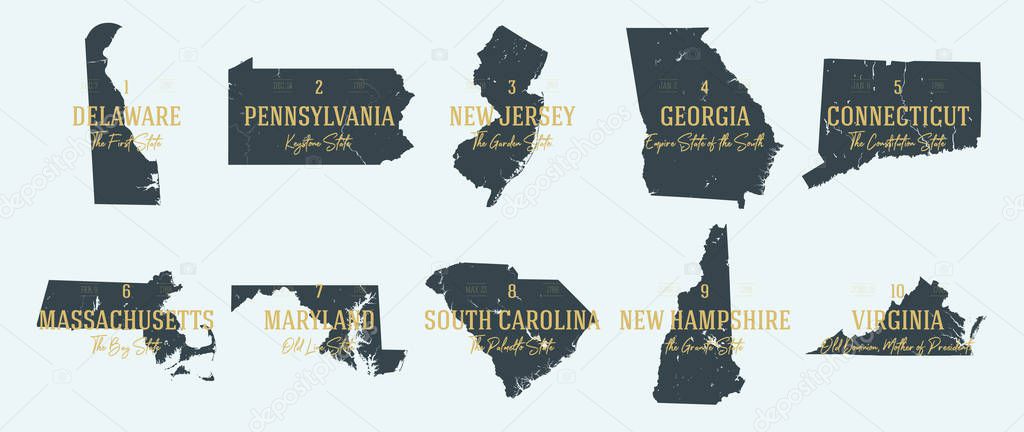 Set 1 of 5 Highly detailed vector silhouettes of USA state maps 
