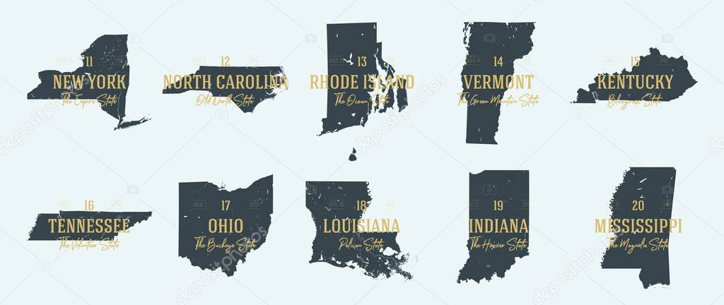 Set 2 of 5 Highly detailed vector silhouettes of USA state maps with names and territory nicknames