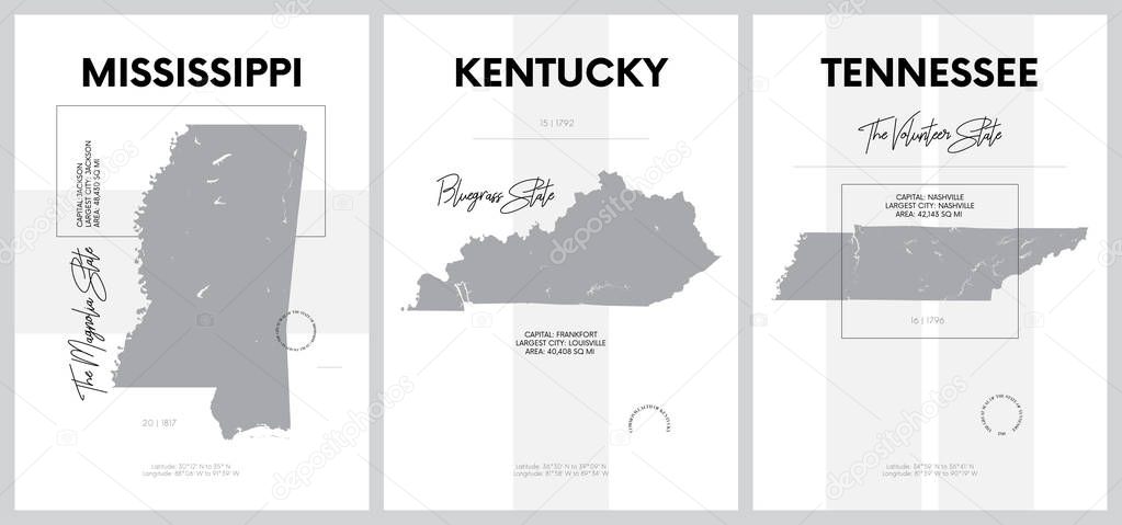 Vector posters with highly detailed silhouettes of maps of the s
