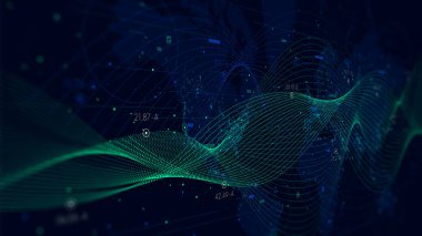 Dinamik dalgalarla soyut vektör arkaplanı, dünya haritasıyla büyük veri görselleştirmesi, perspektifle ekranı izle