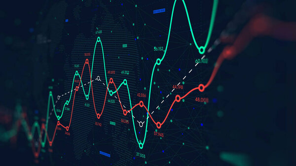Глобальная сеть глобальных больших данных, финансовая прибыль и кривая убытков, фон для бизнеса, монитор в перспективе
