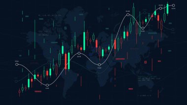 Finansal piyasa analizleri bir dünya haritası arkaplanı, parçaların ölçeği ve borsa, tüccarlar, vektör illüstrasyonu üzerine grafikler