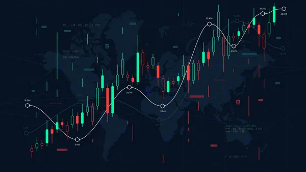 Finansmarknadsanalys Diagram Världskarta Bakgrund Skalan Bitar Och Aktiemarknader Handlare Instrumentpanel — Stock vektor