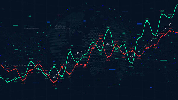 Глобальная сеть больших мировых данных, финансовая прибыль и кривая убытков, векторный фон для бизнеса
