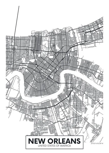 Mapa de la ciudad Nueva Orleans, diseño del póster del vector de viaje — Archivo Imágenes Vectoriales