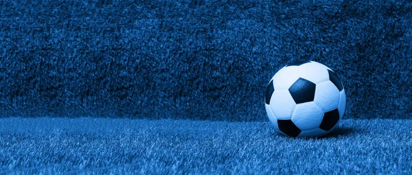 Black and white soccer ball on green soccer pitch. Blue filter