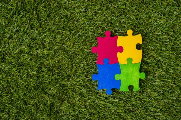 Colorfull puzzles piece on green grass background. World Autism Awareness Day Concept