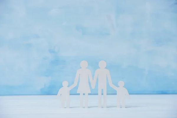 Happy Family Wooden Figures Blue Background — Stock Photo, Image