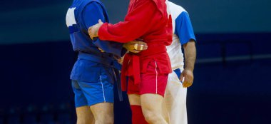 Sambo arenasında el sıkışma - ızdırap, saygı, adil oyun, spor konsepti