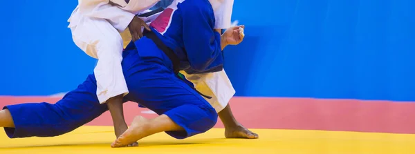 Due Combattenti Judo Uniforme Bianca Blu — Foto Stock
