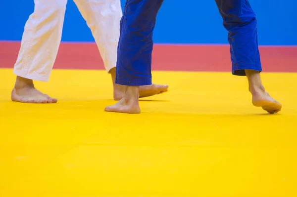 Due Combattenti Judo Uniforme Bianca Blu — Foto Stock