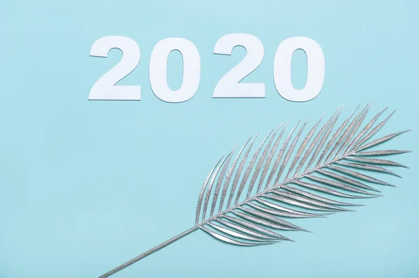Nummer 2020 Zilver Tropische Palmbladeren Een Blauwe Pastelachtergrond — Stockfoto