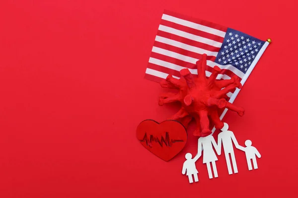 Abstract Virus Strain Model American Flag Family Shape Red Background — Stock Photo, Image