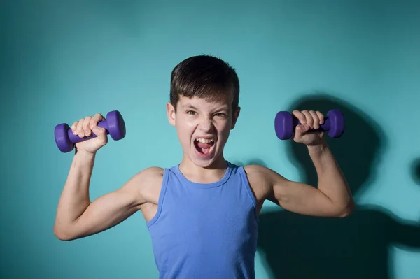 Portrait Beau Garçon Sport Adolescent Avec Haltères — Photo