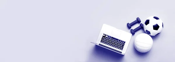 Gantere Albastre Minge Laptop Gri Fundal Albastru Conceptul Antrenament Online — Fotografie, imagine de stoc