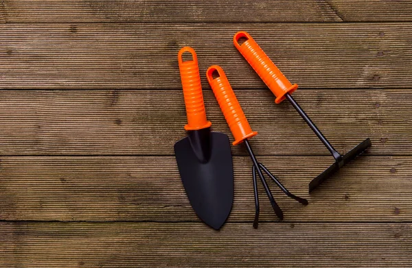 Gardening Tools Spade Fork Hand Cultivator Hoe Wooden Background Top — Stock Photo, Image