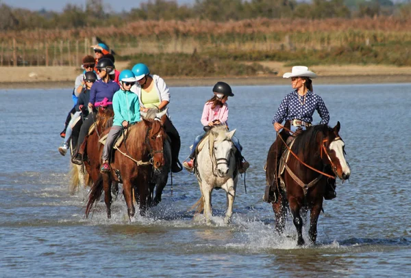 Toeristen Mensen Cowgirl Paardrijden Het Water — Stockfoto