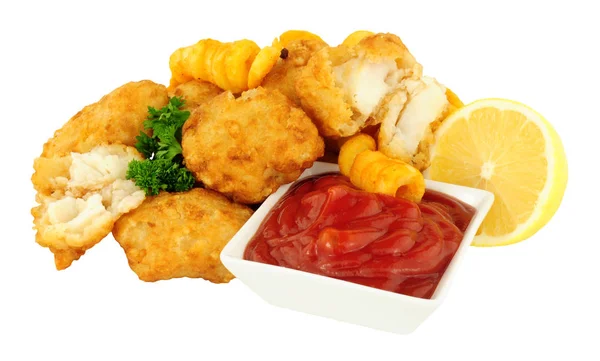 Cod Fish Nugget Bites With Curly Fries — Stock Photo, Image