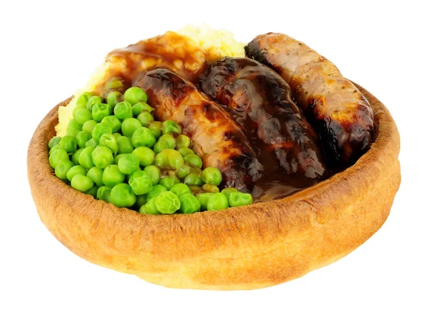 Embutidos y puré de carne en Yorkshire Pudding — Foto de Stock