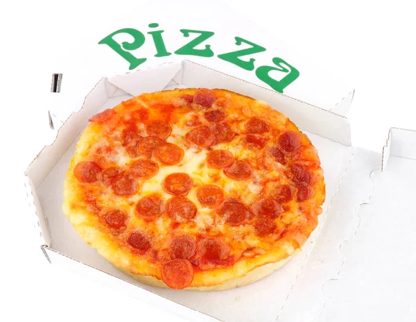 Small Pepperoni Pizza In A Take Away Box — Stock Photo, Image