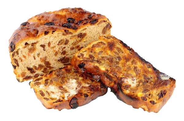 Tereyağlı tost İrlandalı Barmbrack tatlı ekmek dilimleri — Stok fotoğraf