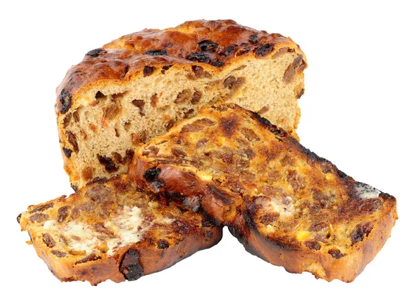 Barmbrack irlandês torrado fatias de pão doce com manteiga — Fotografia de Stock