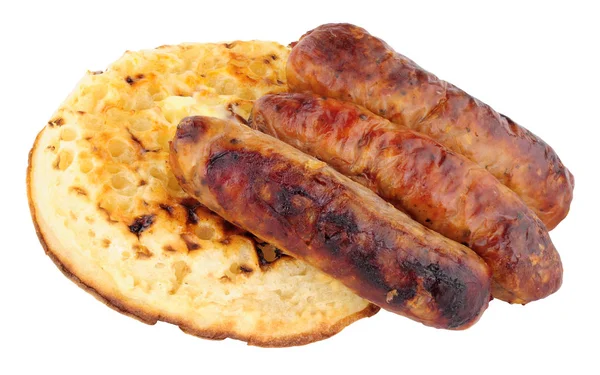 Grilled Pork Sausages On A Buttered Crumpet — Stock Photo, Image