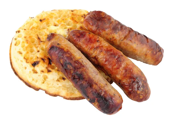 Grilled Pork Sausages On A Buttered Crumpet — Stock Photo, Image