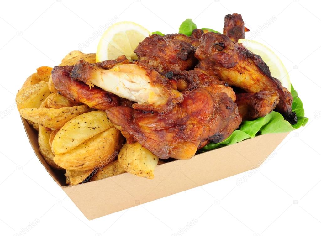 Chicken Wings And Potato Wedges In A Cardboard Take Away Tray