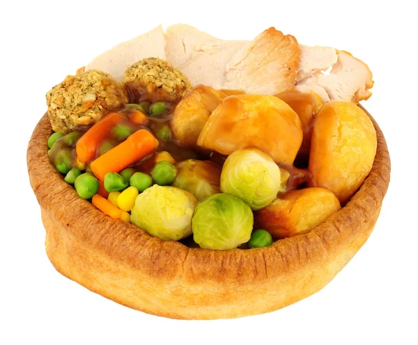 Gebraden kip diner In een Yorkshire Pudding — Stockfoto