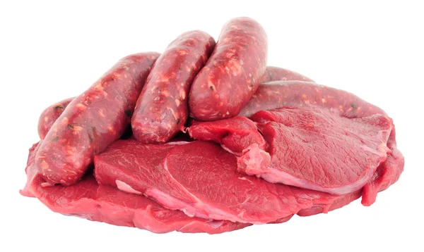 Raw Venison Meat Steaks And Sausages — Stock Photo, Image