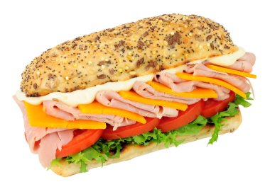 Beyaz bir arka plan üzerinde izole jambon ve peynir salata sandviç rulo